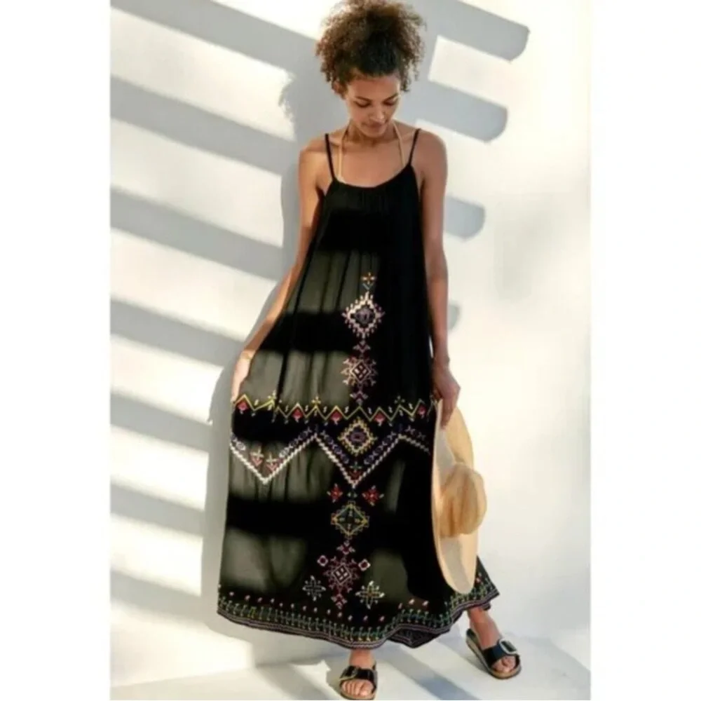 Anthropologie Embroidered Tie Strap Maxi Dress w/ Pockets Size: S - Picture 3 of 12